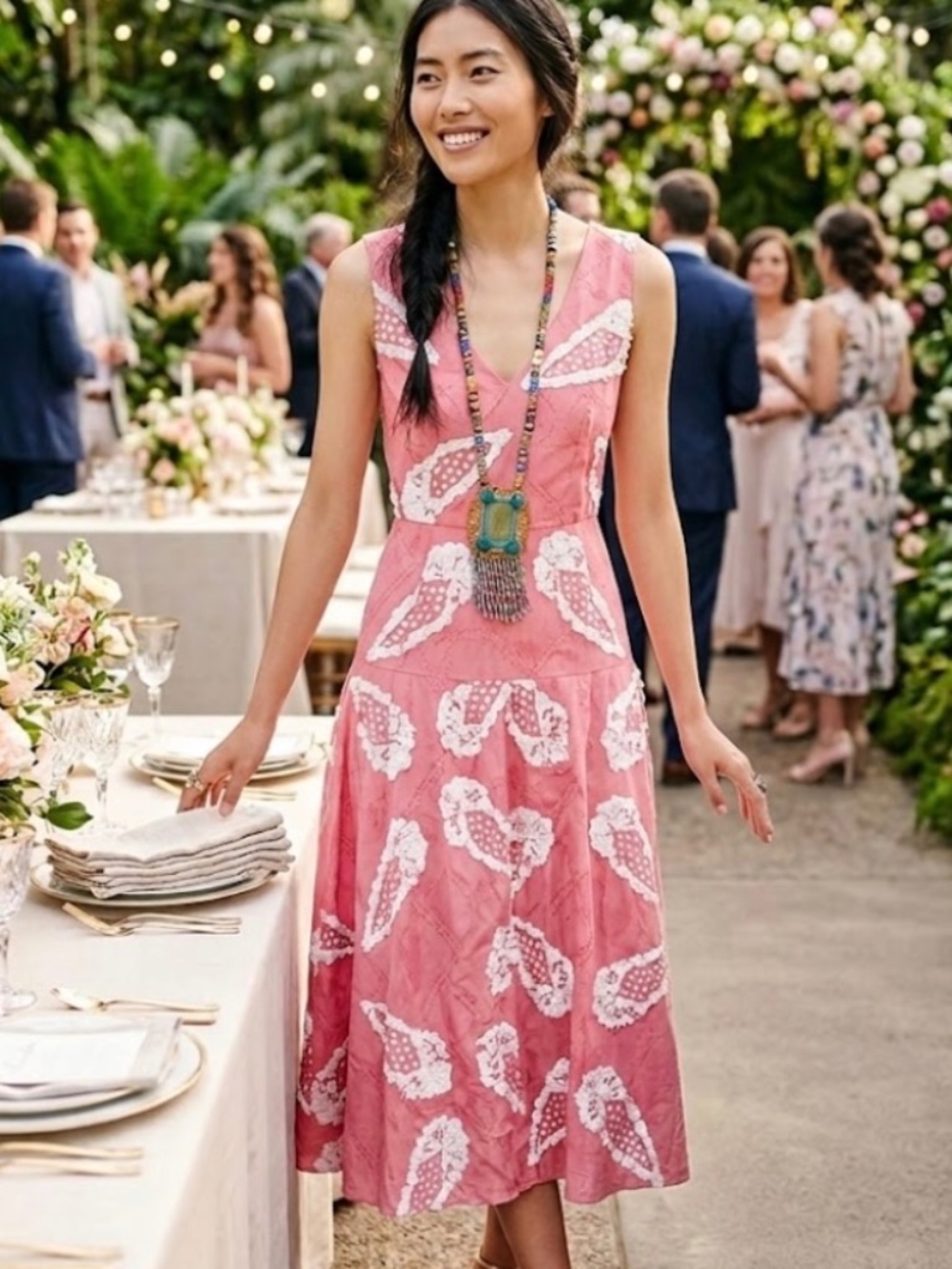 Tory Burch Helen Batik Dress Runway Pink Tie Dye Beaded Sequin Midi 4